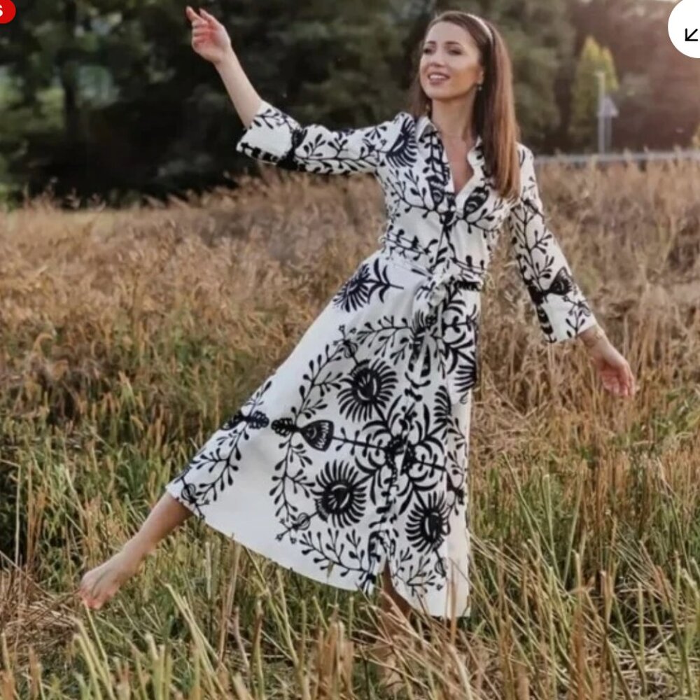 Zara Black and White Oyster Floral Midi Long Sleeve Dress 100% Cotton